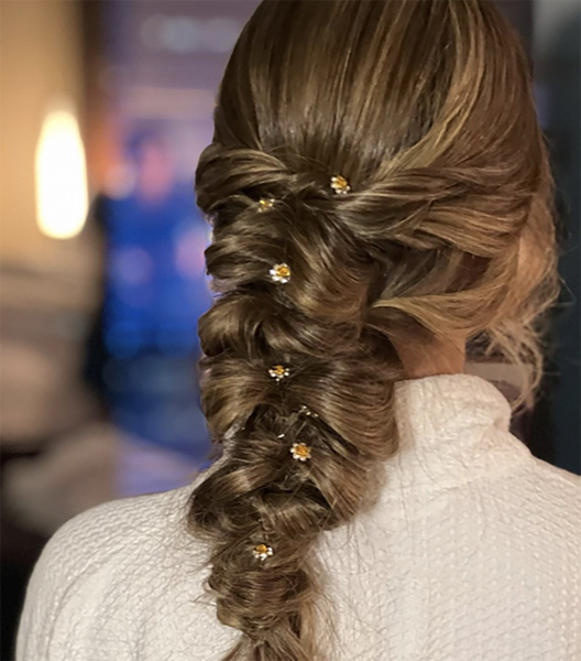 Bridal Updo Hairstyle with miniature rhinestone flowers